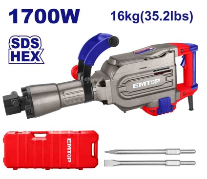 Demolition Breaker 1700W, 220-240V, 1400bpm Impact Rate, 45J Impact Force, 16kg Breaker, With 2 Chisels